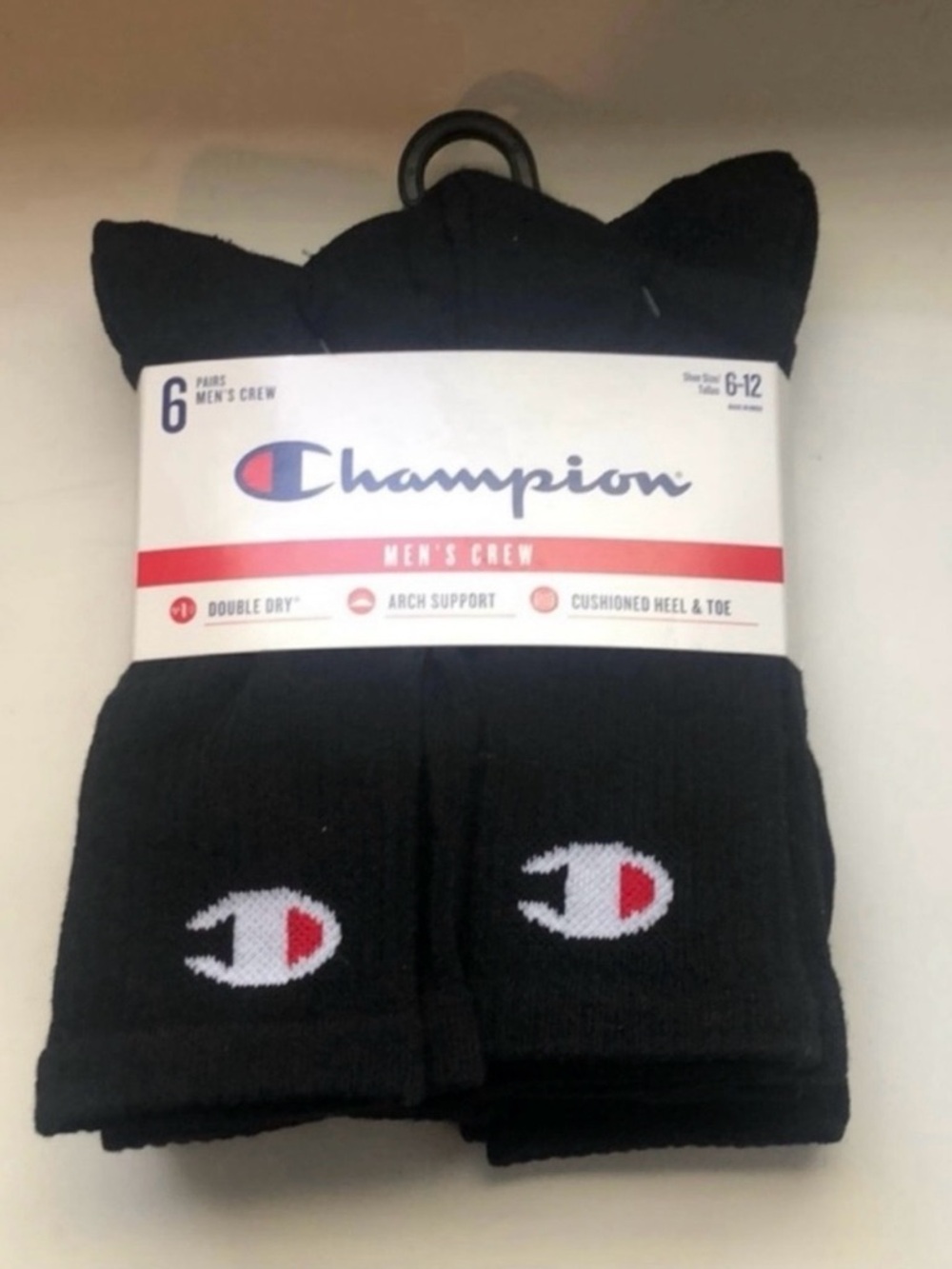New Champion Socks Men’s 6 Pair Black Crew Socks Athletic Casual Activewear